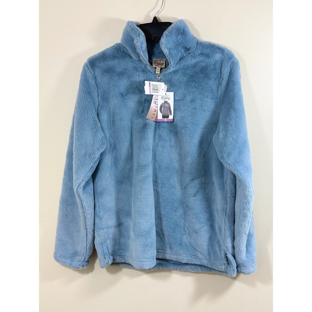 NWT Como Vintage Women's S Faded Denim Blue Plush Faux Fur 1/4 Zip Jacket Cozy